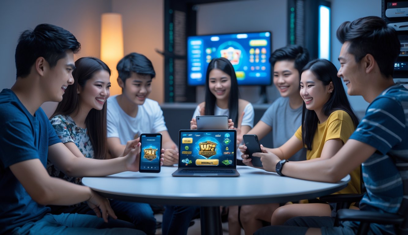 Sekelompok orang muda sedang bermain permainan kartu secara online menggunakan perangkat digital di ruangan yang nyaman.