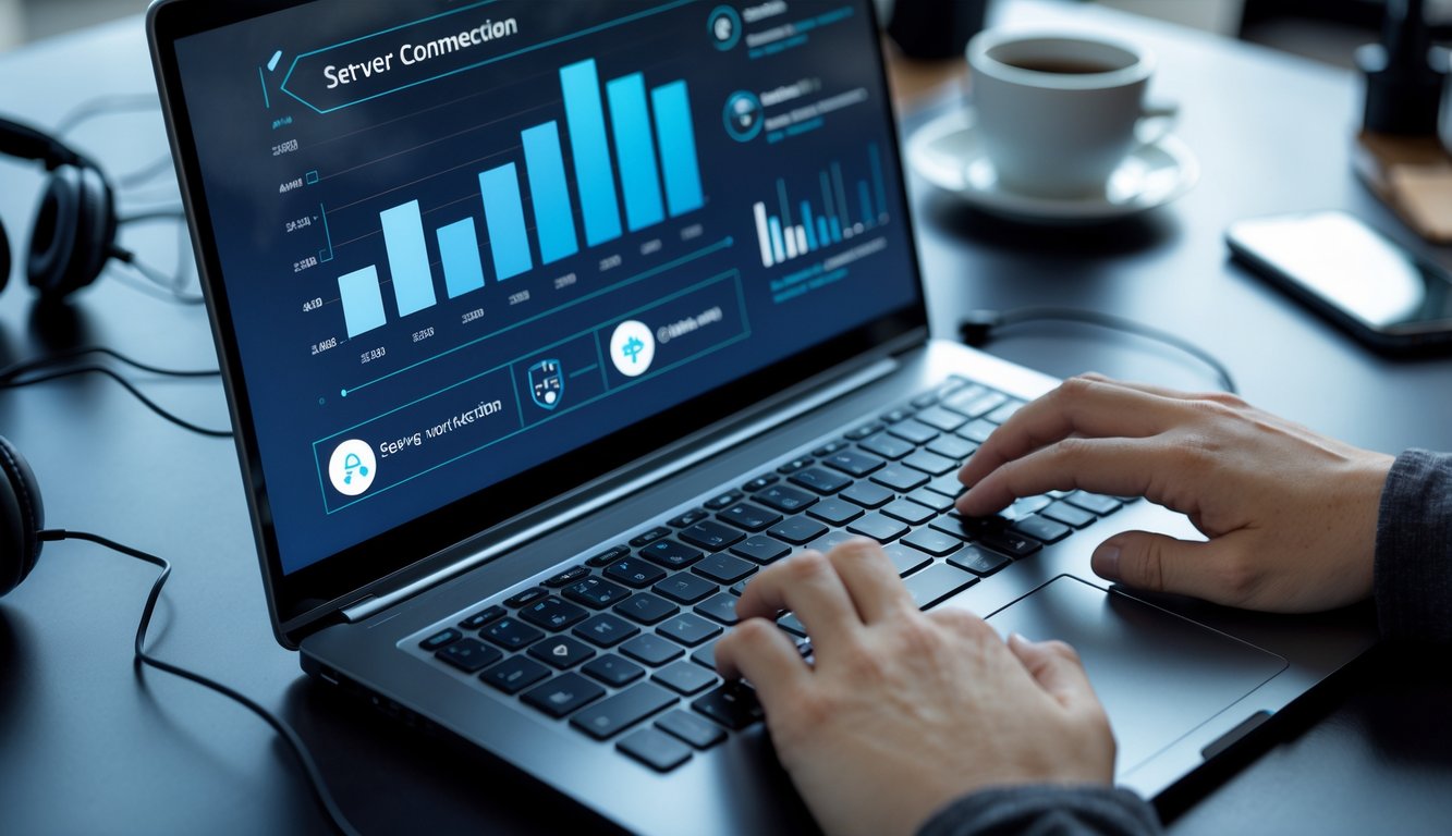 Seseorang menggunakan laptop di meja kerja dengan tampilan grafik dan ikon koneksi server, menunjukkan aktivitas memilih situs permainan online.