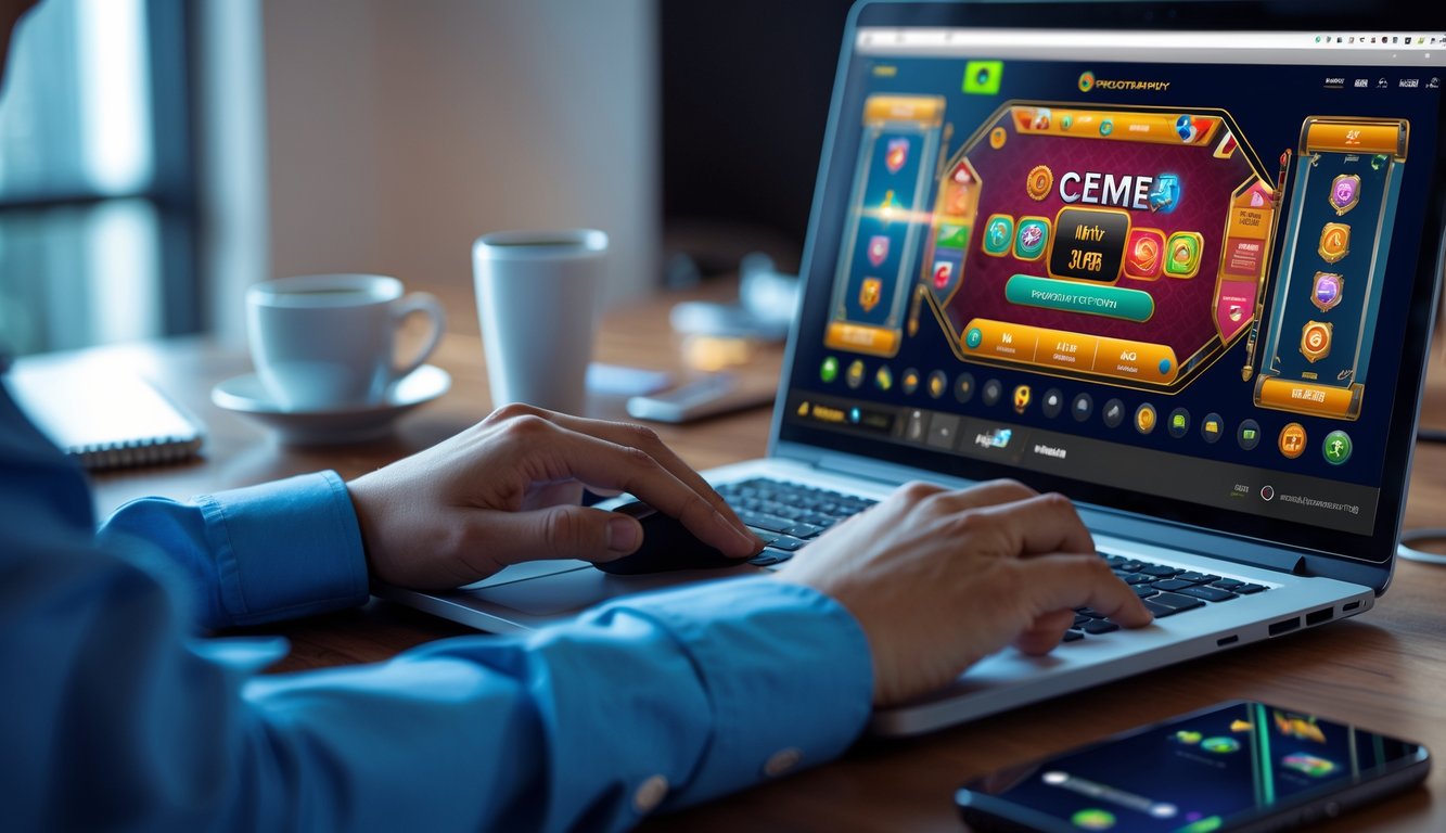 Seseorang sedang menggunakan laptop untuk bermain permainan kartu online dengan fokus di ruang kerja yang terang dan rapi.