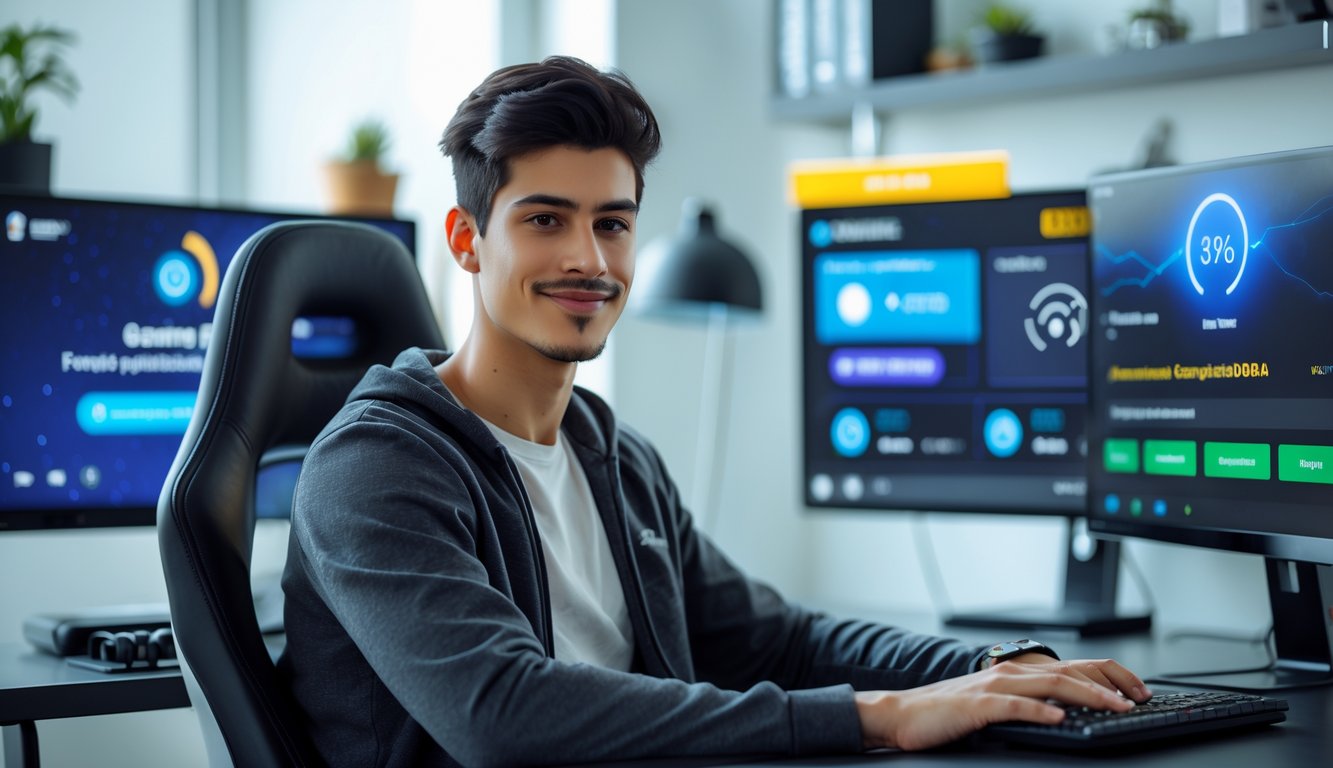 Seorang pria muda duduk di meja modern dengan beberapa layar komputer yang menunjukkan permainan online dan notifikasi pembayaran cepat.