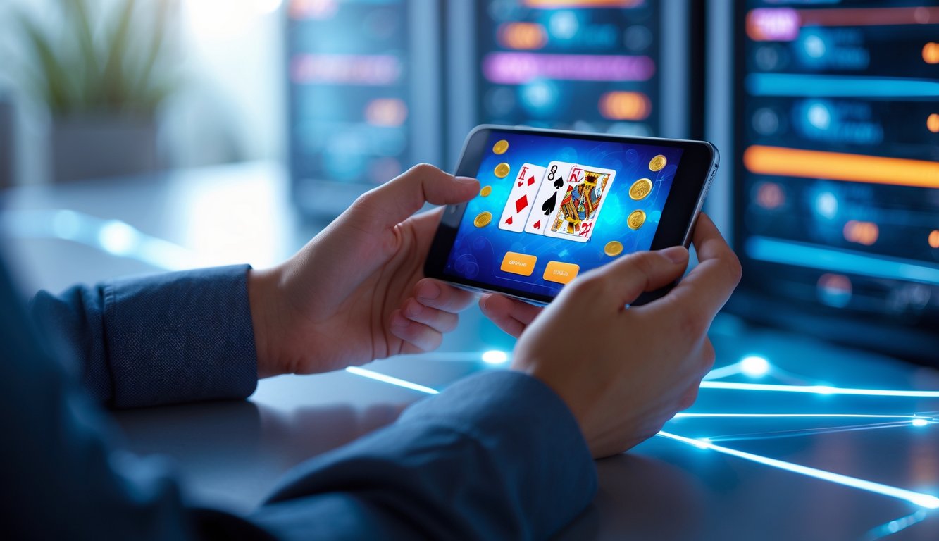 Seseorang sedang menggunakan smartphone untuk bermain permainan kartu online dengan latar belakang teknologi yang menunjukkan koneksi stabil.