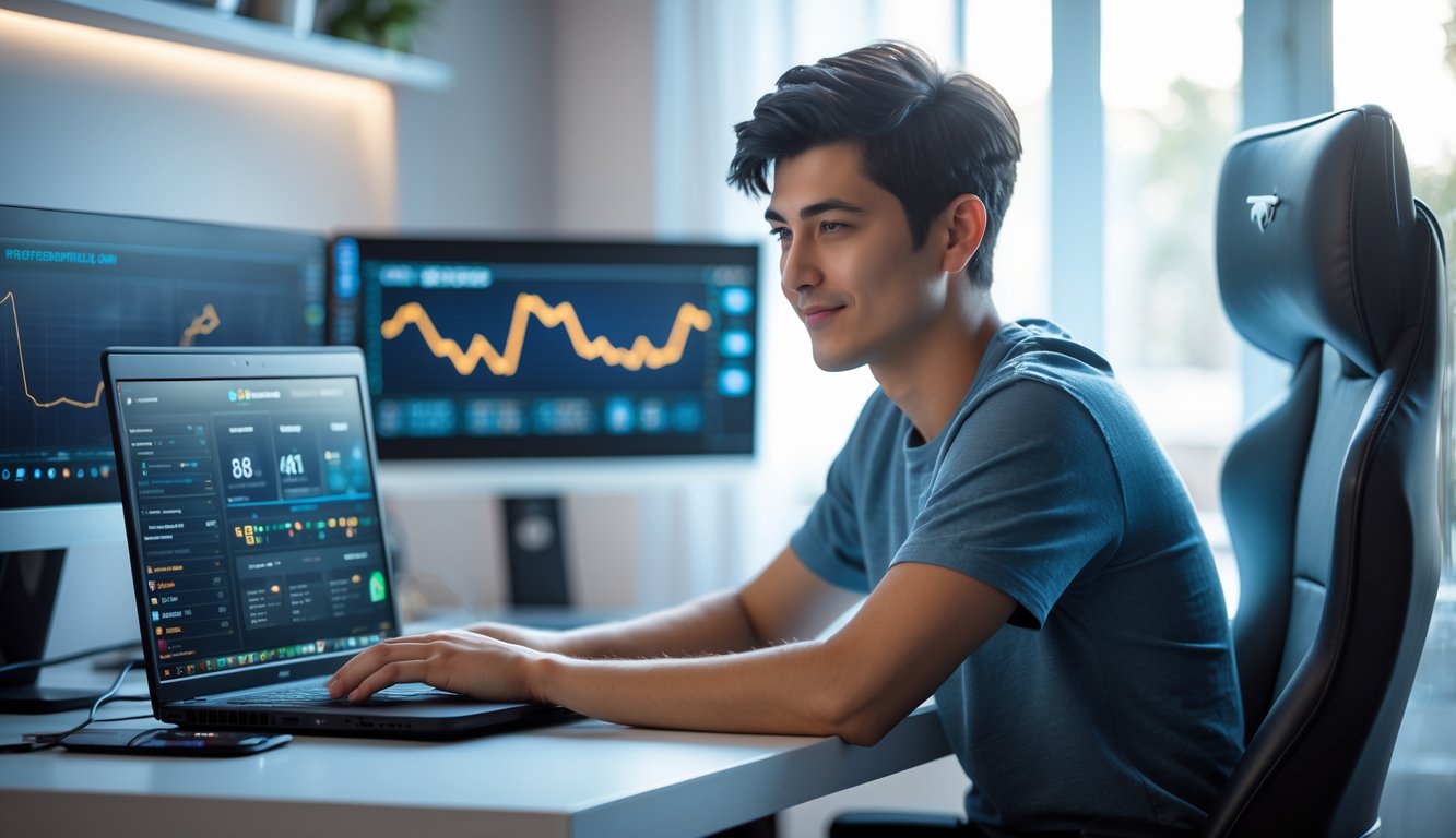 Seorang pria muda duduk di depan laptop dengan tampilan permainan online, di ruang yang rapi dan terang dengan peralatan teknologi di sekitarnya.