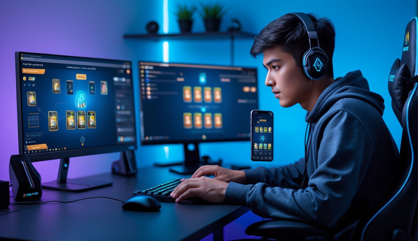 Seorang pria muda sedang bermain game kartu online di komputer dengan suasana ruangan yang modern dan pencahayaan biru ungu.