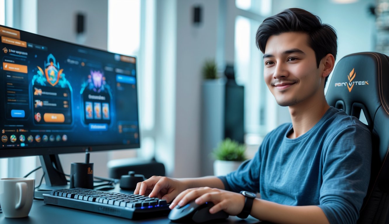 Seorang pria muda duduk santai di depan komputer dengan layar menampilkan permainan kartu online, di ruangan yang terang dan rapi.