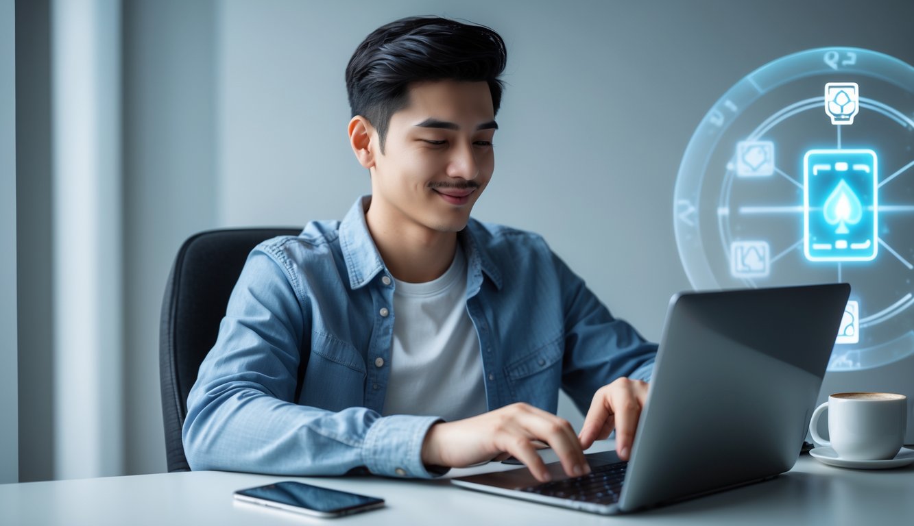 Seorang pria muda santai bermain permainan kartu online di laptop di sebuah ruangan yang tenang.