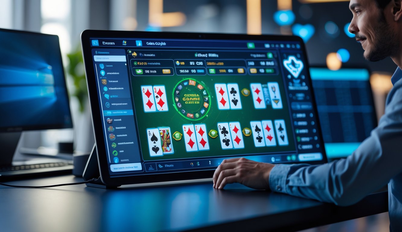 Seorang pemain menggunakan layar sentuh besar dengan tampilan permainan kartu online di ruang kerja modern yang terang dan rapi.