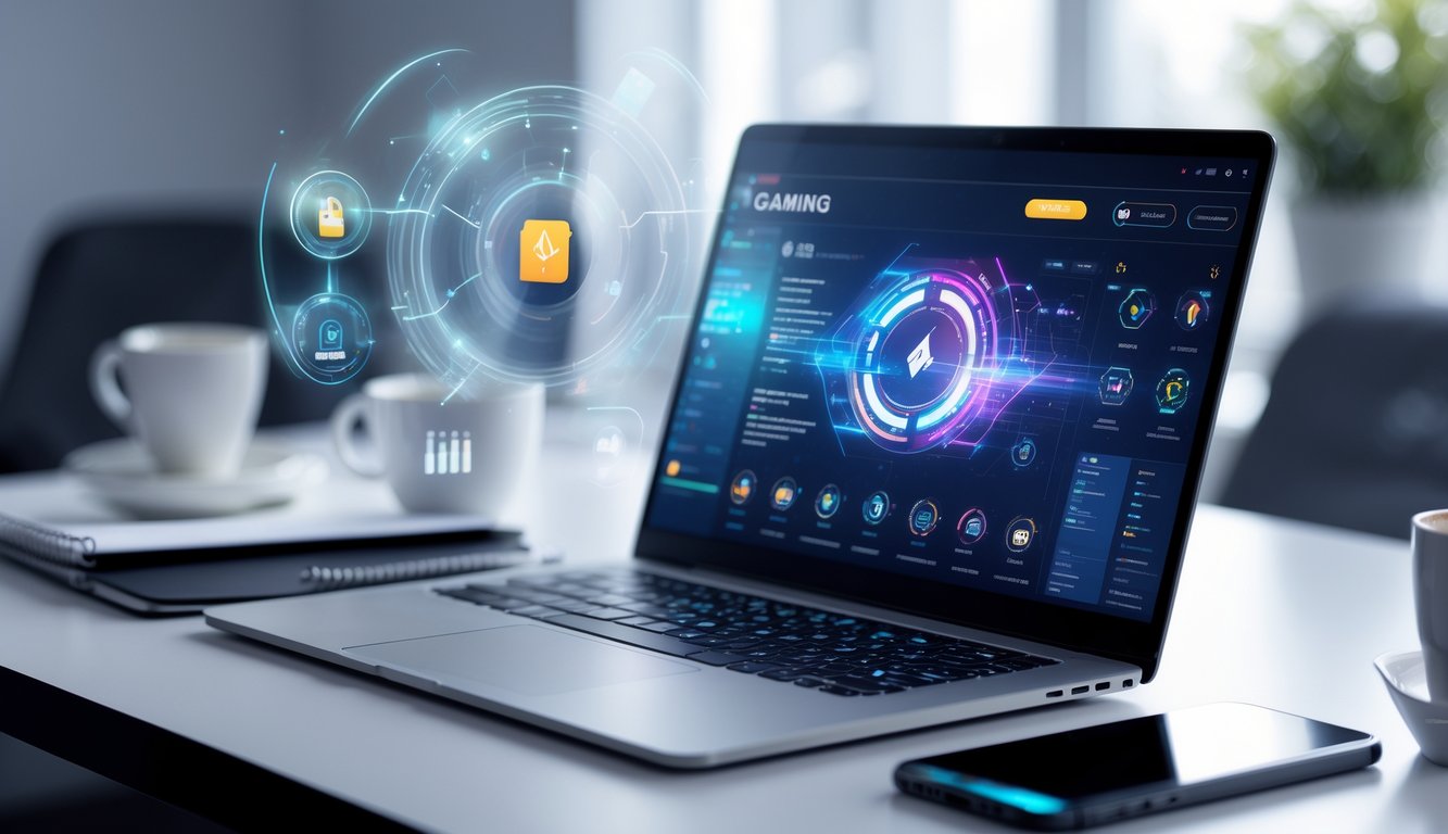 Sebuah laptop di meja kerja menampilkan antarmuka permainan Ceme online dengan grafik yang jelas dan simbol konektivitas, dikelilingi oleh peralatan kerja seperti ponsel dan cangkir kopi.