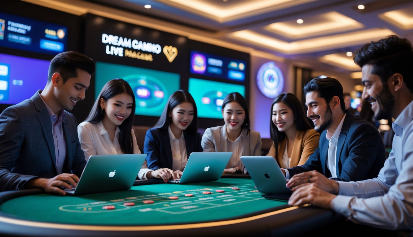 Beberapa orang muda sedang bermain permainan kasino langsung dengan perangkat digital di meja kasino yang modern dan terang.