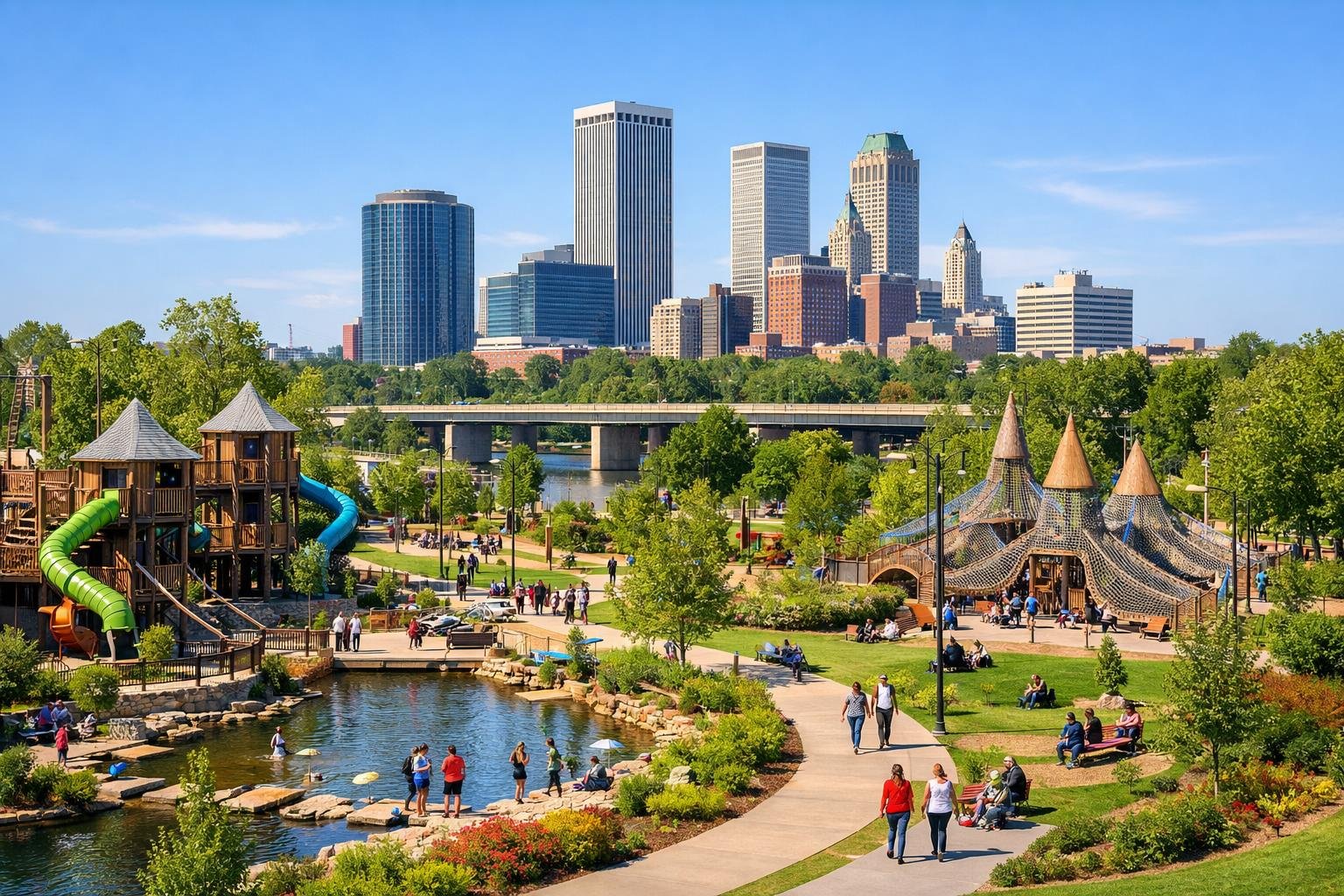 A scenic view of Tulsa, Oklahoma, showing the Gathering Place park with playgrounds, green spaces, walking paths, and the city skyline in the background under a clear sky with people enjoying outdoor activities.