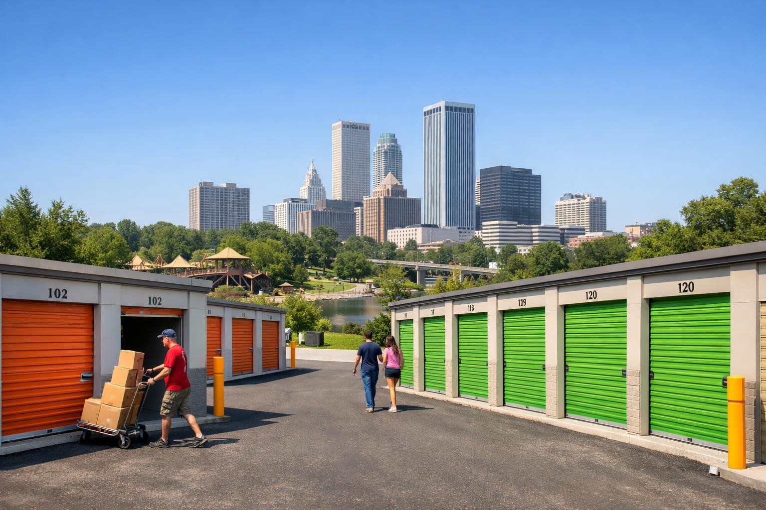 Storage units with people near them and the Tulsa city skyline with a park in the background on a sunny day.