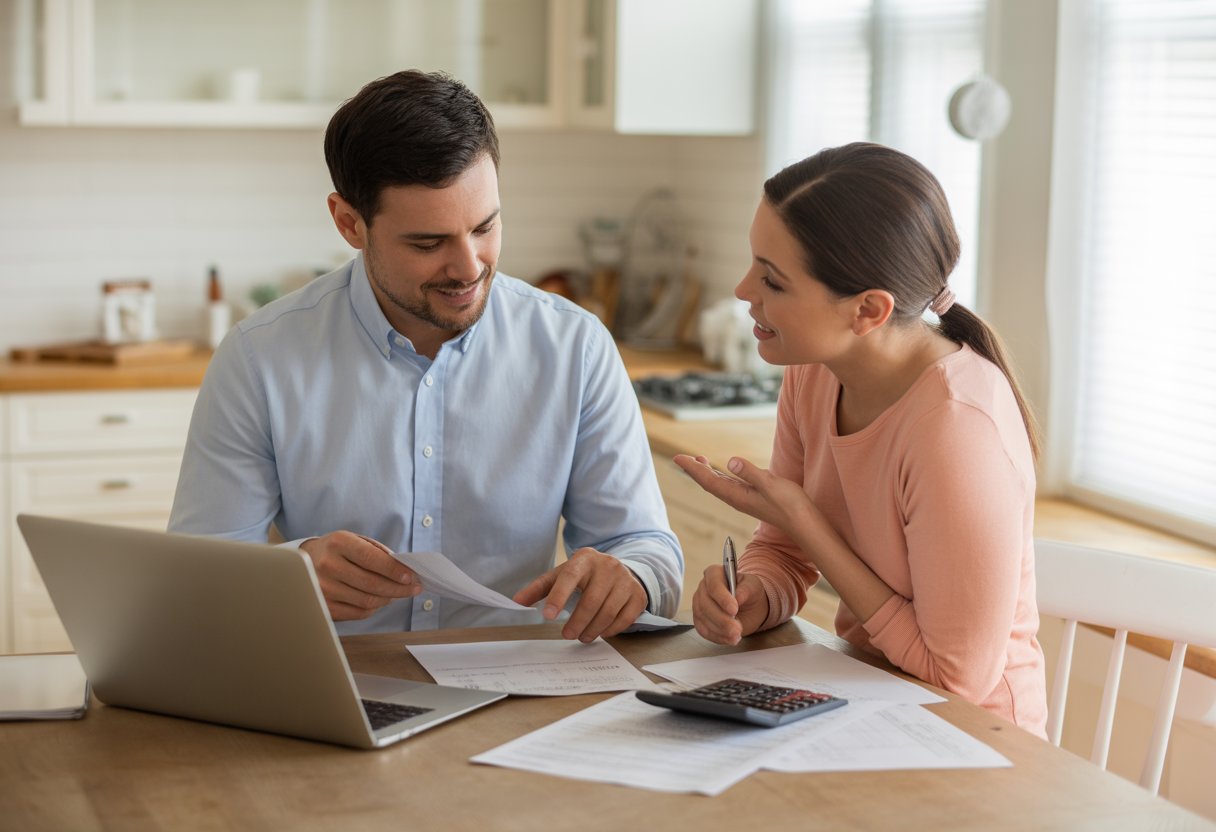 A real estate agent and homeowner discussing paperwork at a kitchen table in a bright home.