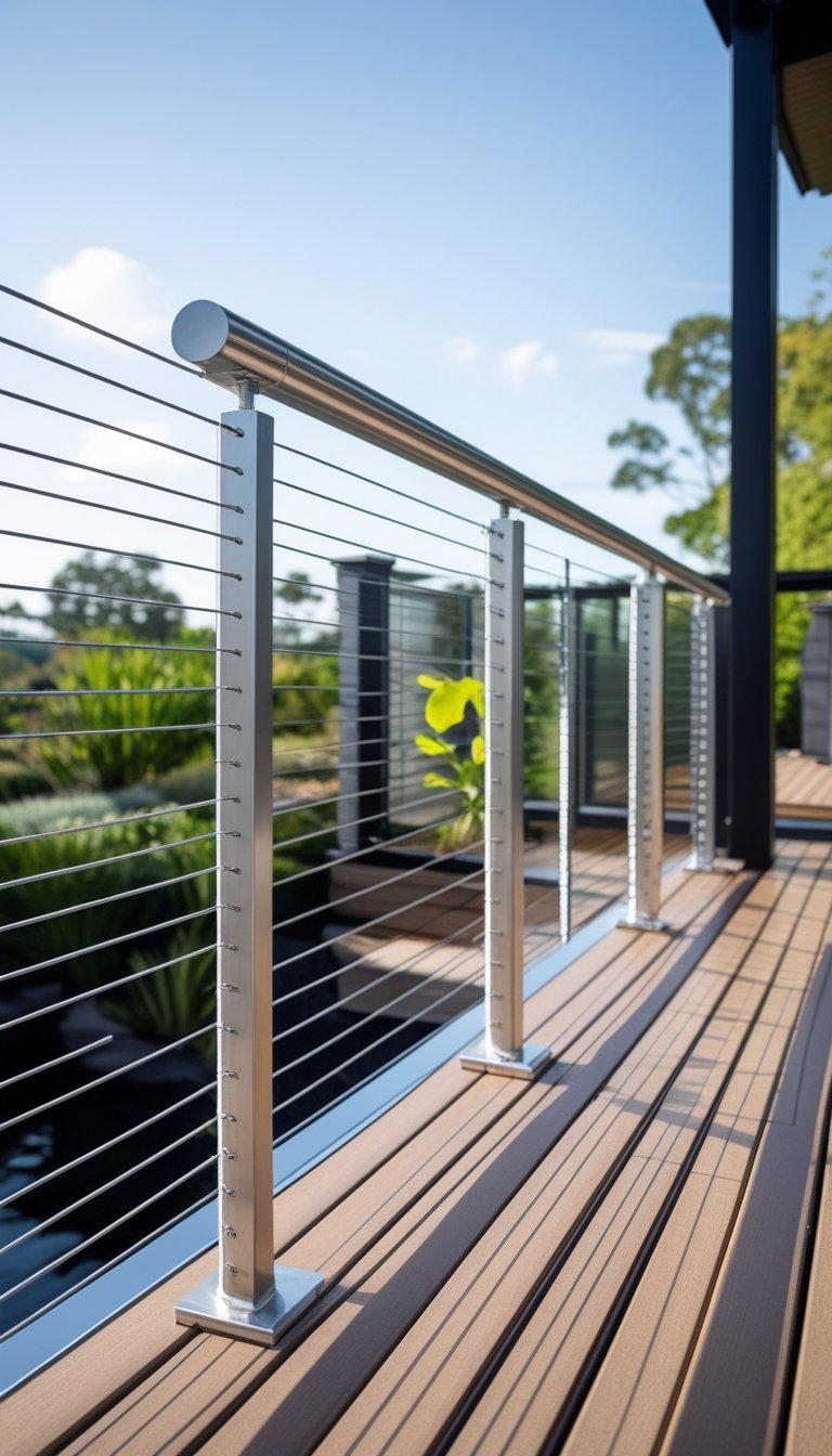 Outdoor deck showing a wire railing in the foreground and other railing types like wood, glass, and iron in the background.