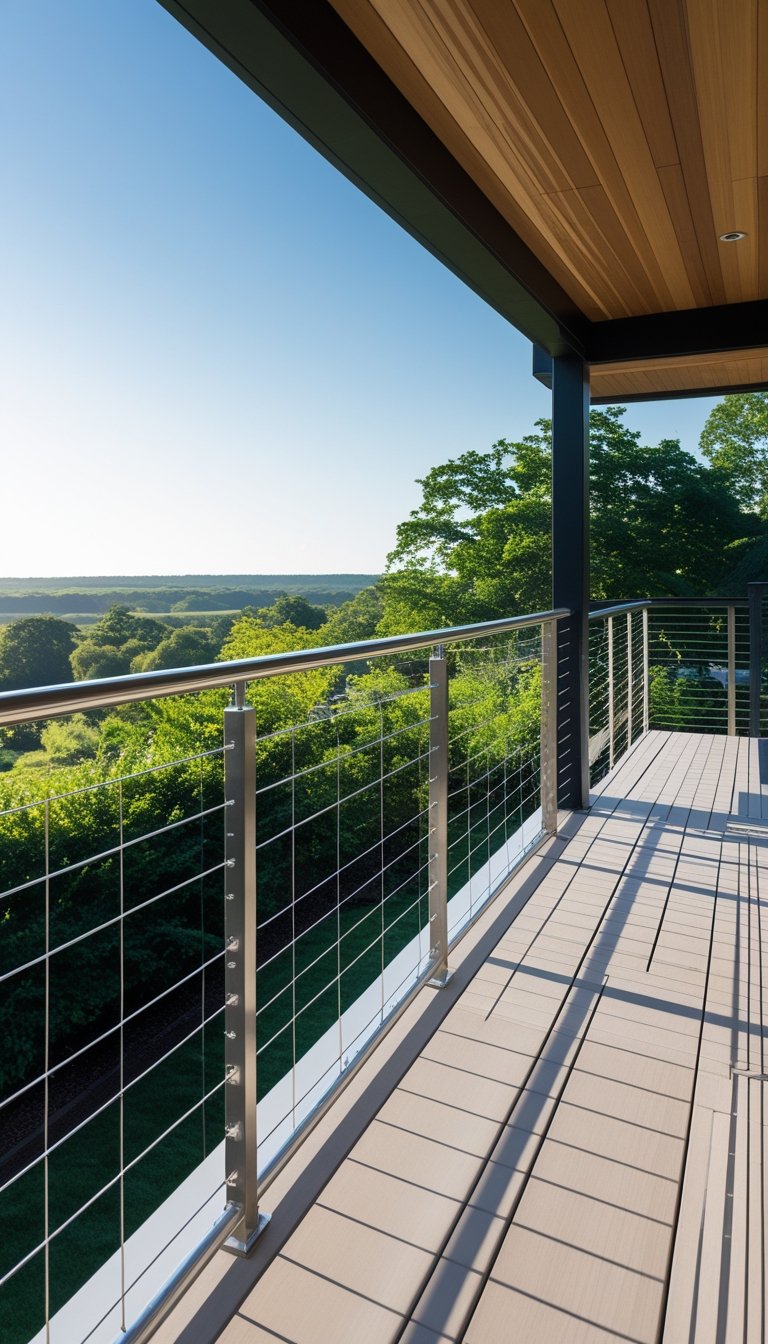 An outdoor deck with wire railing next to other wooden and metal railings overlooking a green garden.