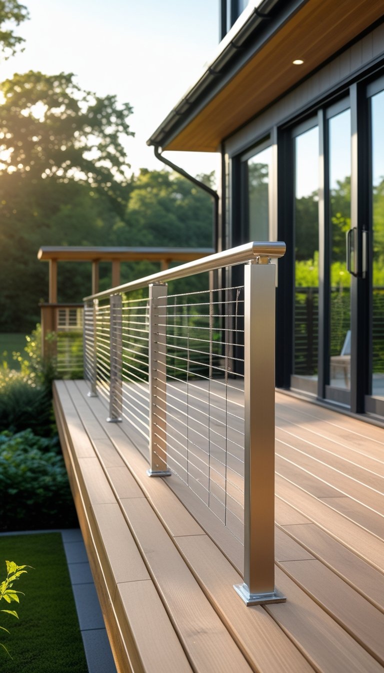 Outdoor wooden deck with stainless steel wire railing overlooking a green garden and landscape.
