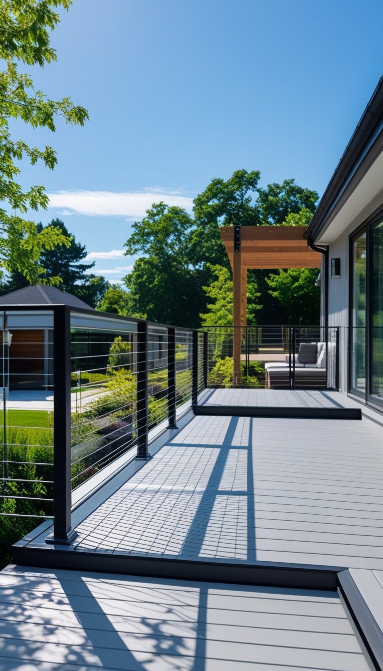 Outdoor deck showing a wire railing in front with wooden and glass railings in the background, surrounded by greenery and a modern house.