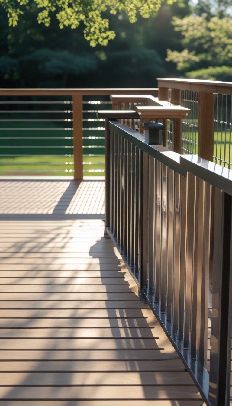 Outdoor wooden deck showing three types of railings: wire railing, wooden railing, and glass panel railing overlooking a green backyard.