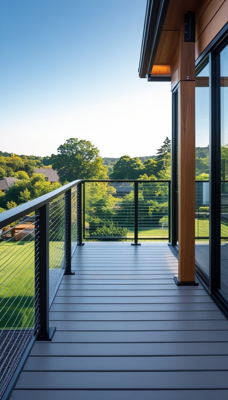 Outdoor deck with wire railing alongside wooden and glass railing options overlooking a green backyard.