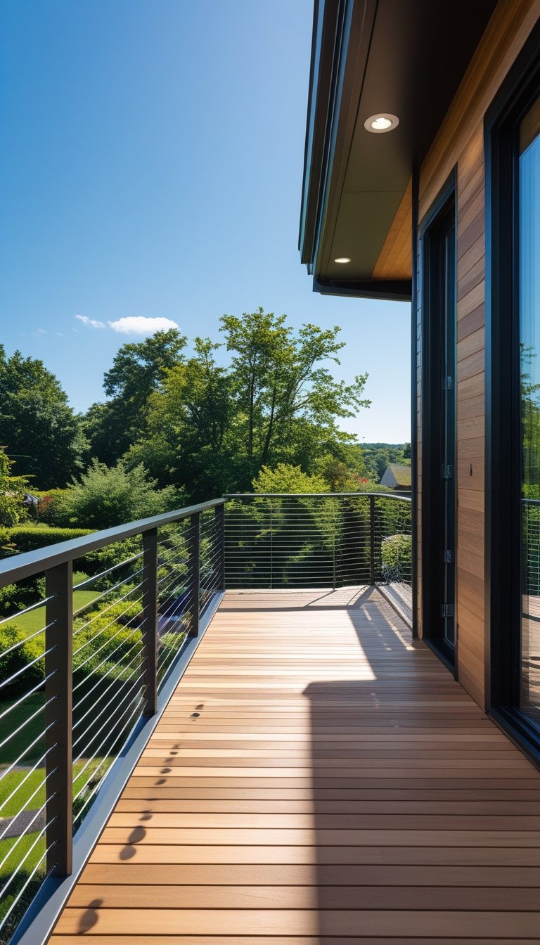An outdoor deck with wire railing next to sections of wooden and metal railing, overlooking a green backyard under a clear sky.