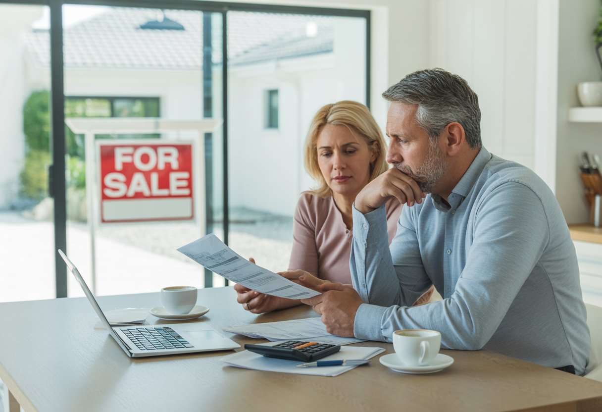 A middle-aged couple sitting at a kitchen table reviewing paperwork with a laptop, and a 'For Sale' sign visible outside the window.