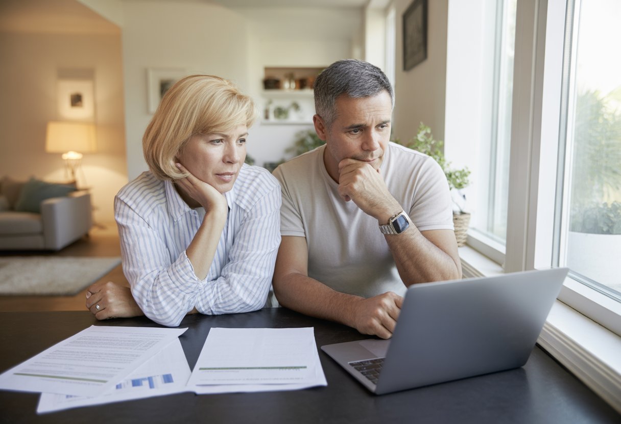 A couple sitting at a kitchen table reviewing documents and a laptop, discussing their home situation.