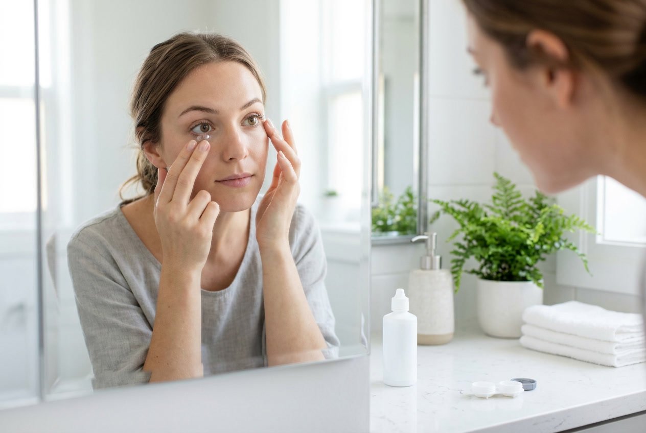 Frau entfernt vorsichtig eine Kontaktlinse vor einem Badezimmerspiegel.