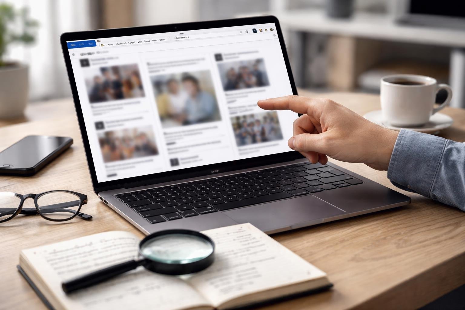 A person pointing at a laptop screen showing a social media feed with blurred images, surrounded by notes, a magnifying glass, a smartphone, and a coffee cup on a desk.