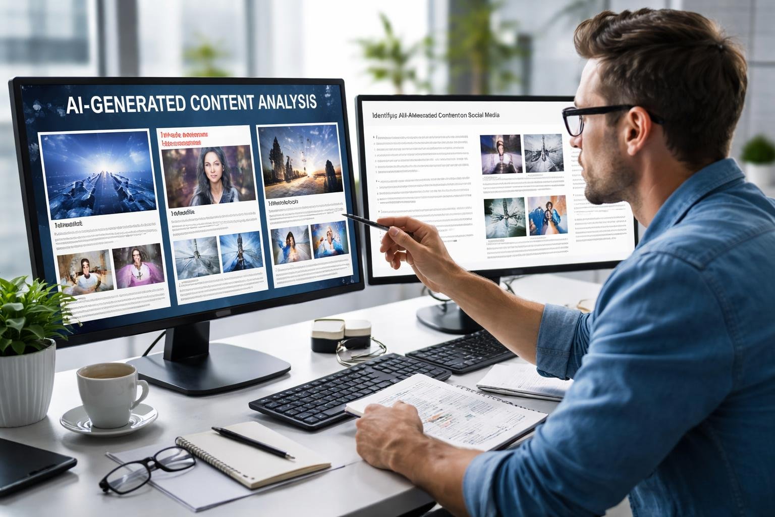 A person at a desk looking thoughtfully at computer screens displaying digital images and text in a modern office setting.