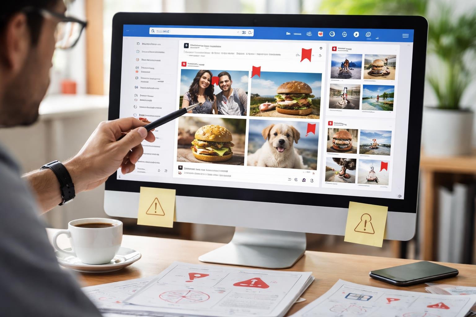 Person pointing at a computer screen showing a social media feed with images and posts, surrounded by notes with warning symbols on a clean desk.