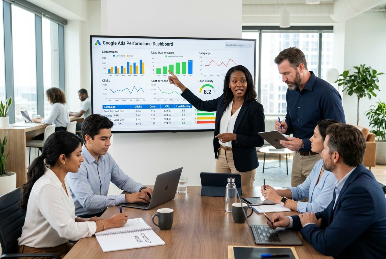 A group of business professionals in an office reviewing marketing data on a computer screen during a meeting.