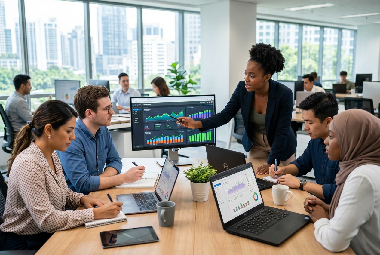 Business professionals analyzing digital marketing data on computer screens in a bright office.