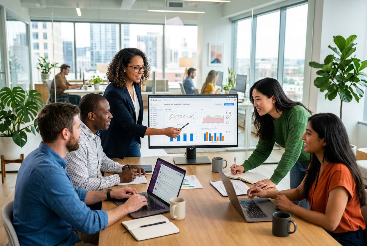 A group of professionals working together around computers analyzing lead quality data in an office.