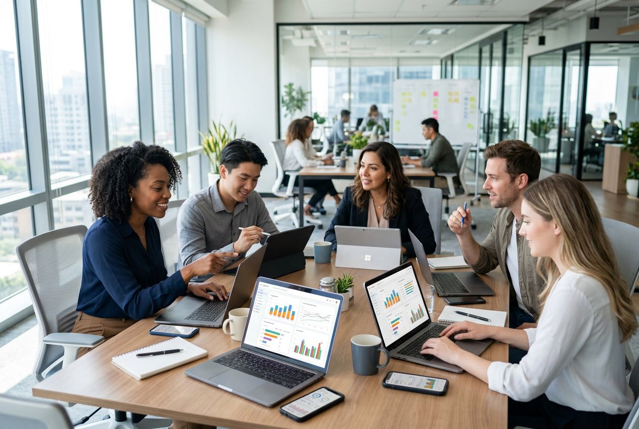 A group of business professionals collaborating around a table with laptops and devices showing data and charts in a bright office.