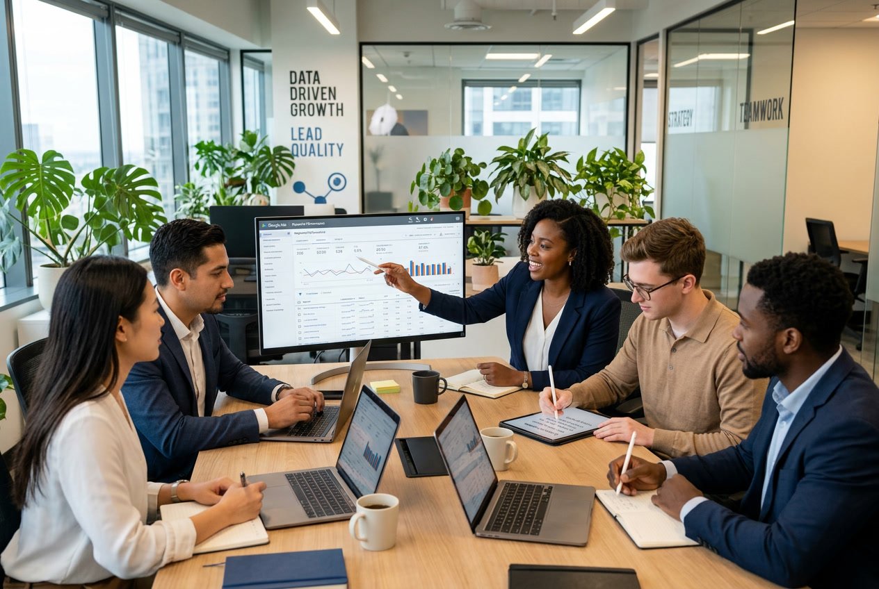 A team of professionals working together around computers displaying charts and keyword data in a modern office.