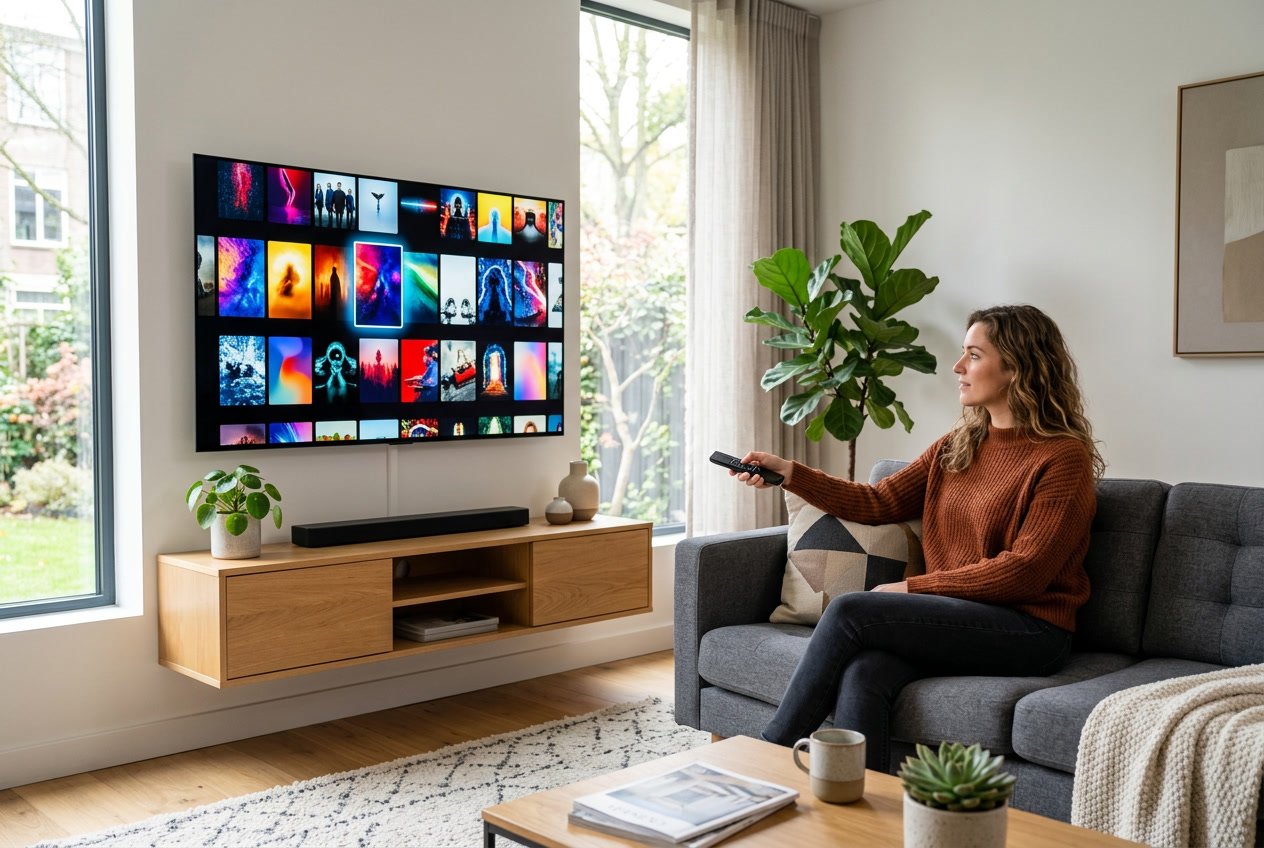 A person sitting on a sofa in a modern living room watching a large smart TV with a colorful streaming interface.