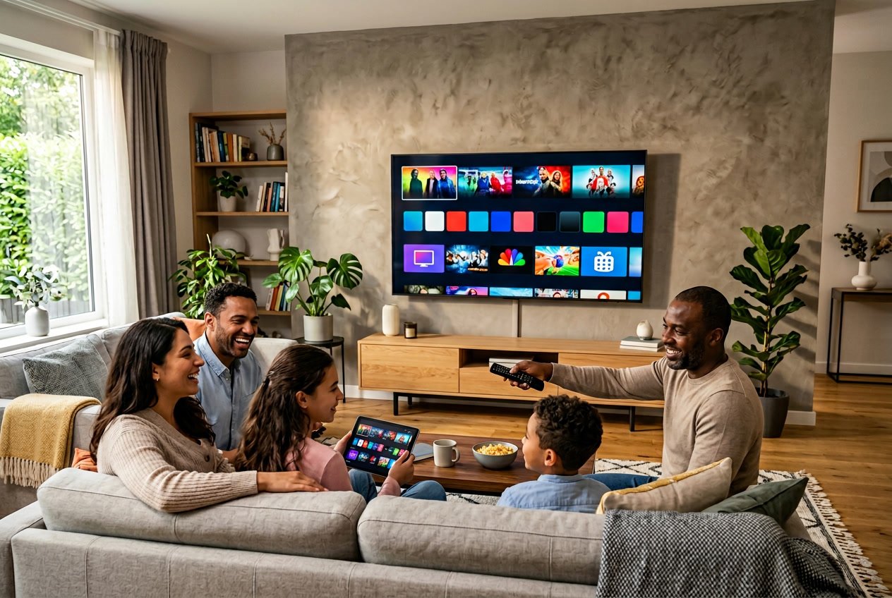 A group of people sitting in a living room watching a smart TV with streaming app icons on the screen.