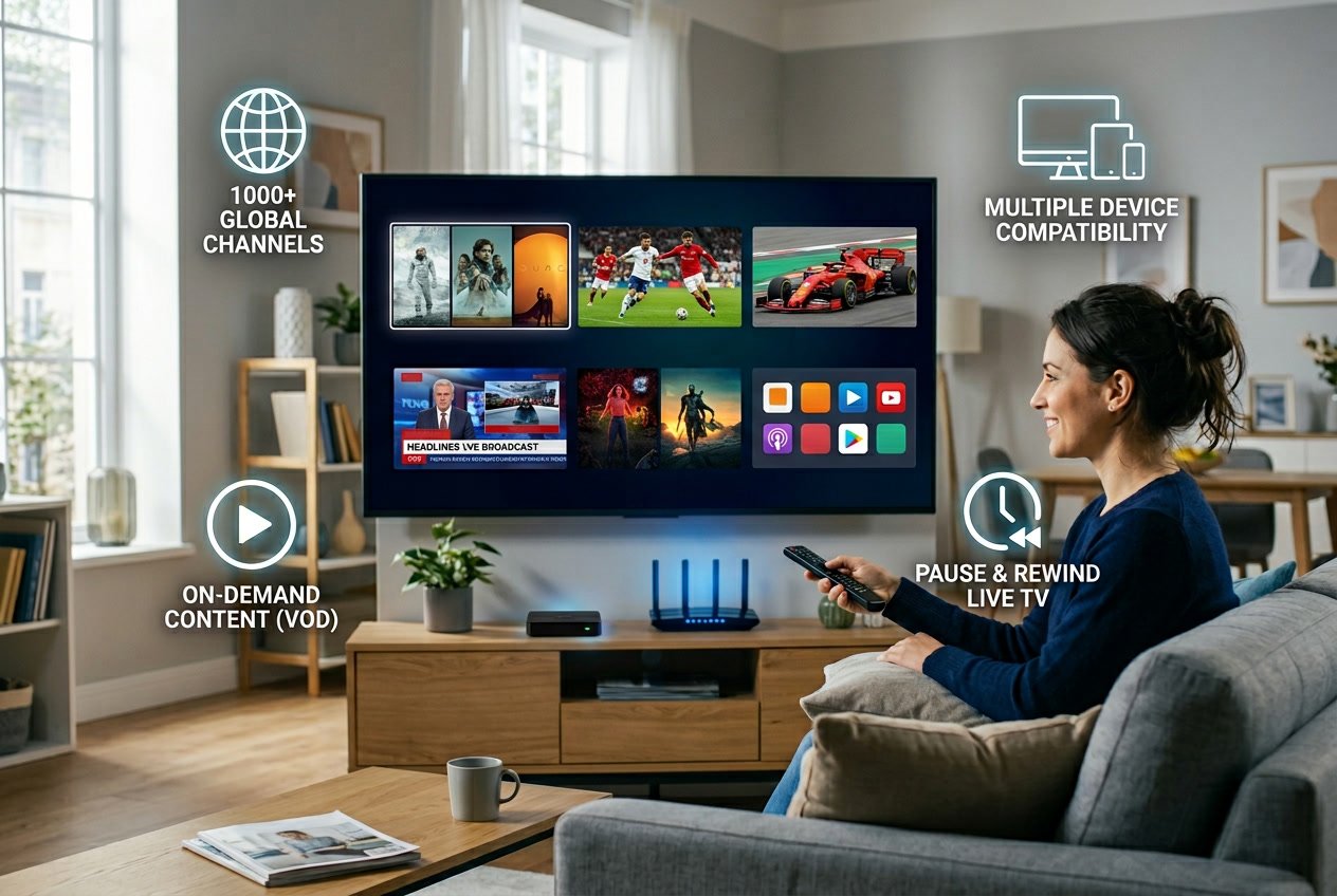 A person sitting on a sofa in a modern living room watching a large smart TV displaying various streaming content options.