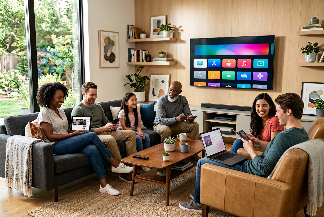 People in a living room using various devices to stream content on a large smart TV.