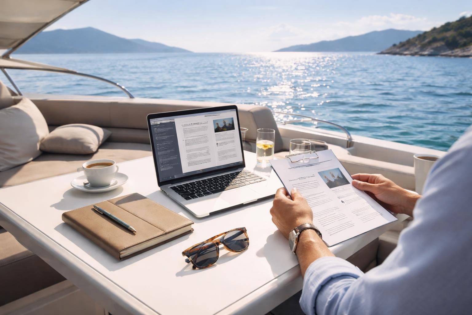 A person on a yacht's deck reviewing documents with a laptop and notebook nearby, surrounded by calm sea and clear sky.