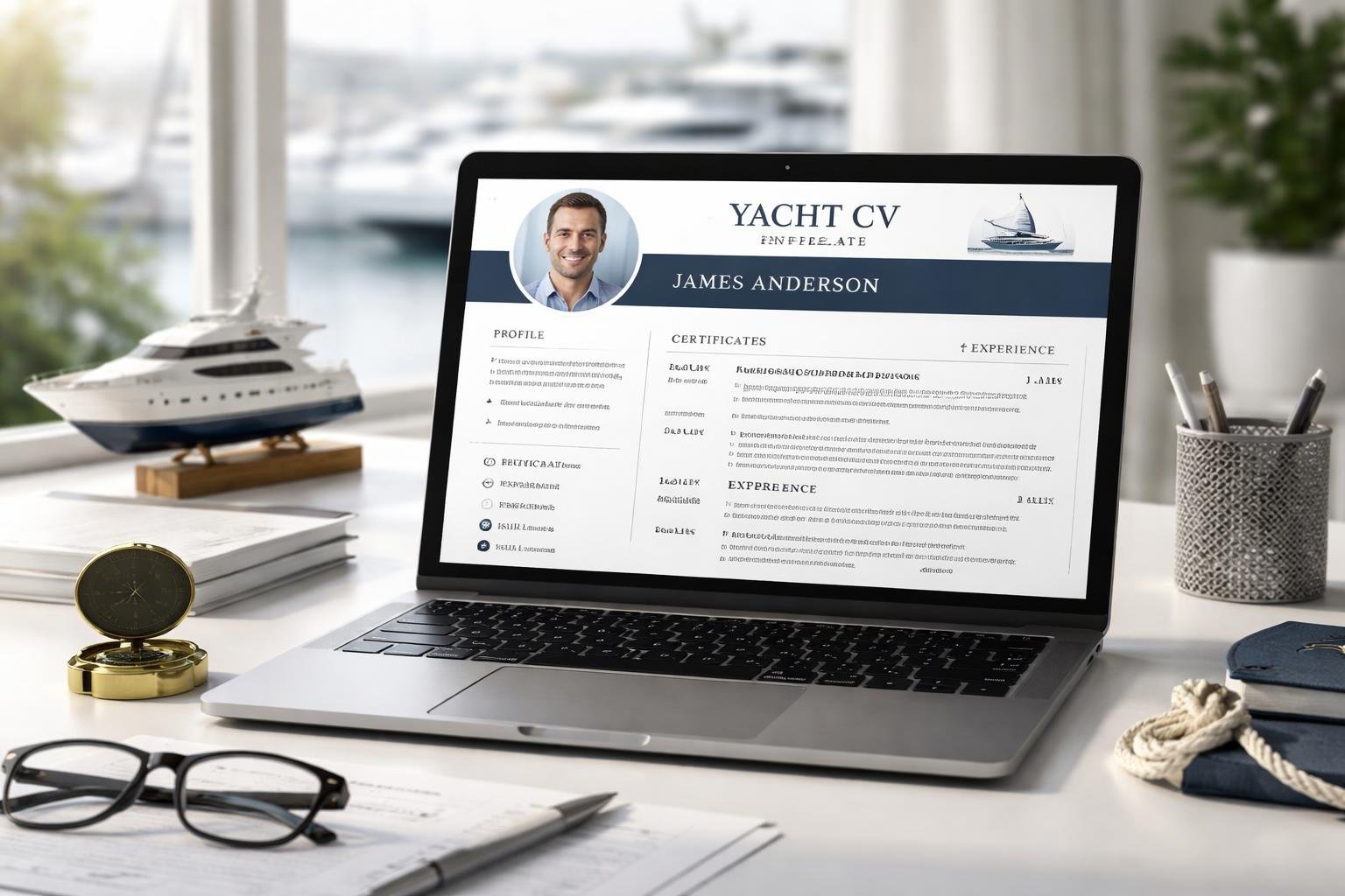 Best free Yacht CV Template 5 A laptop on a desk showing a yacht CV template, surrounded by nautical accessories with a marina visible through a window.