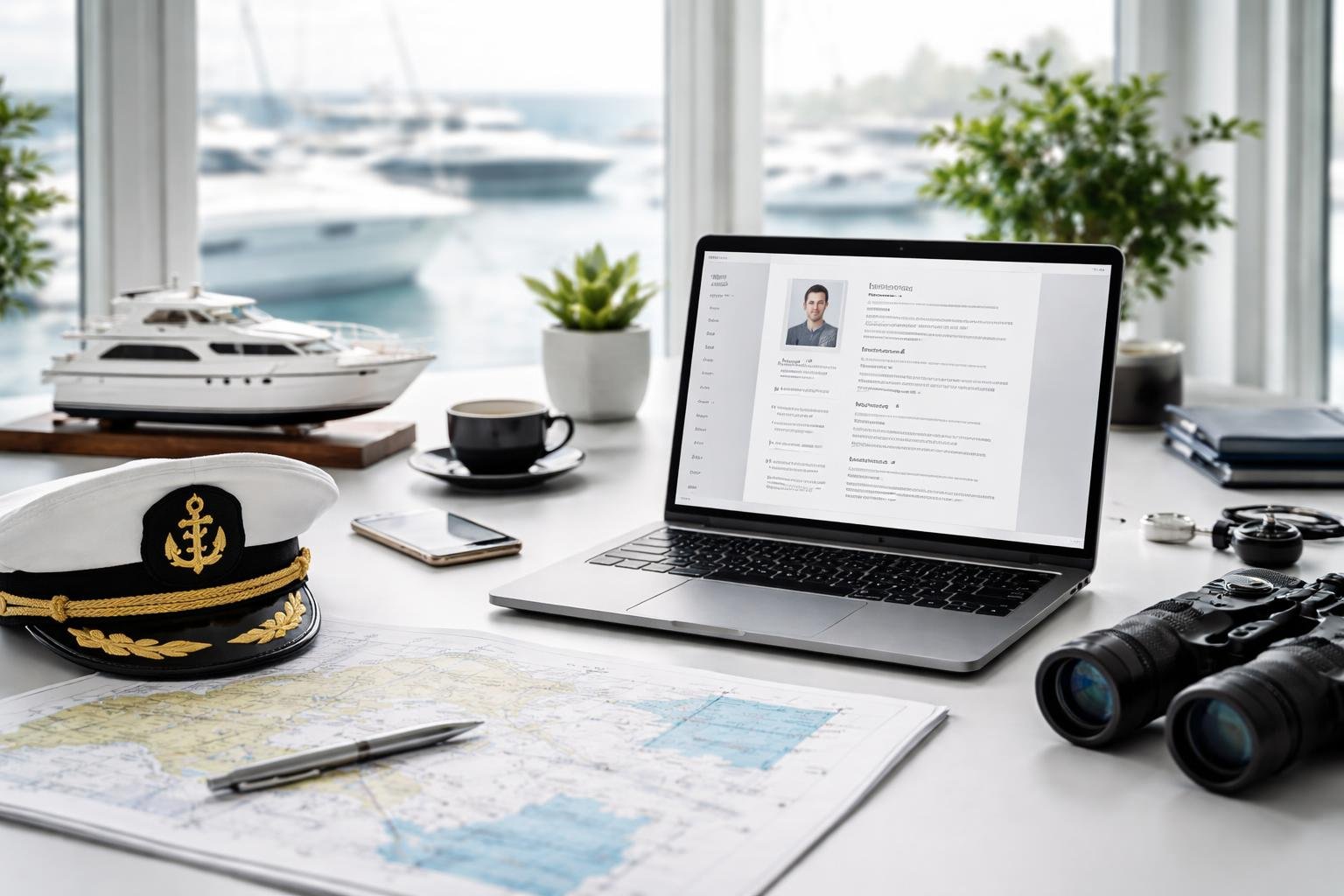 Best free Yacht CV Template 4 A workspace with a laptop, nautical charts, a captain's hat, and a model yacht near a window overlooking the marina.