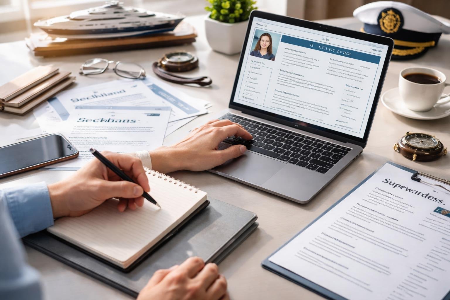 Best free Yacht CV Template 3 A person working at a desk with a laptop and documents related to yacht crew CV preparation, surrounded by nautical items like a model yacht and a captain’s hat.