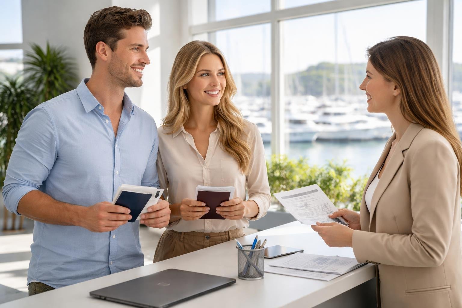 Do I need a visa to work on Superyachts ? 4 A young man and woman holding documents at a visa office with a view of yachts outside the window.