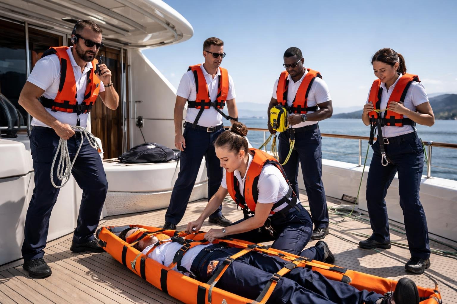 Yacht crew members in maritime uniforms participating in a safety drill on a yacht deck with the sea and coastline in the background.