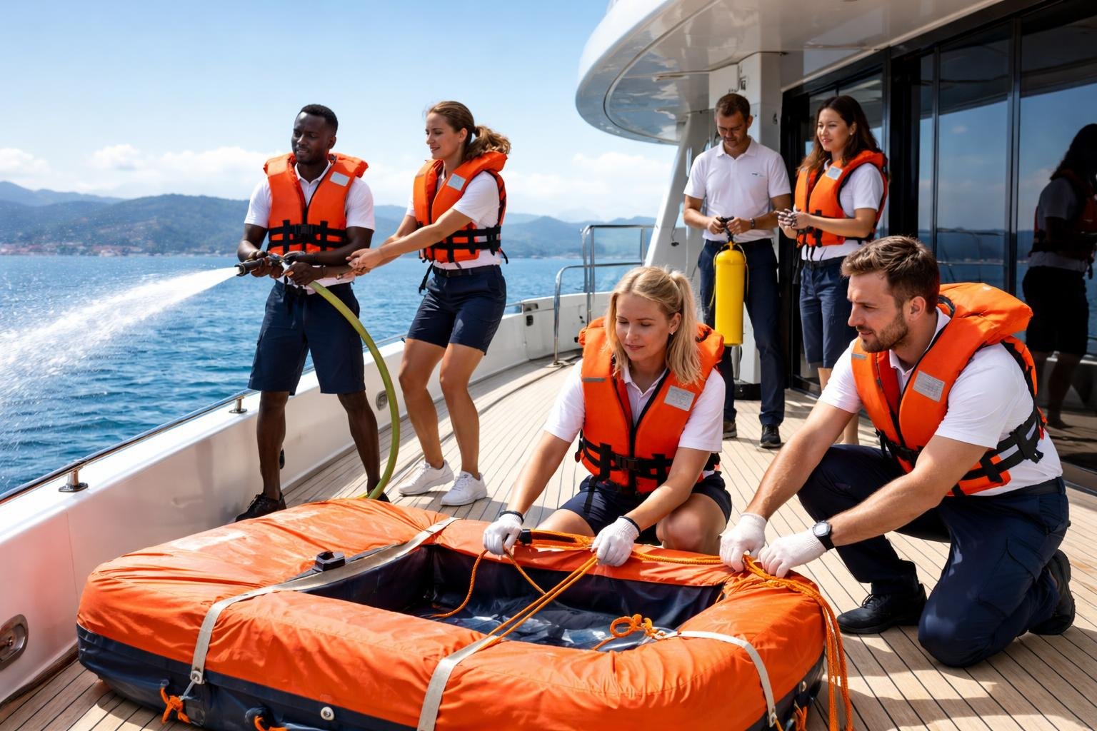 MCA Accepted STCW: Top Yacht Crew Training Options (2026) 2 Yacht crew members in uniforms practicing safety drills on the deck of a yacht with sea and coastline in the background.