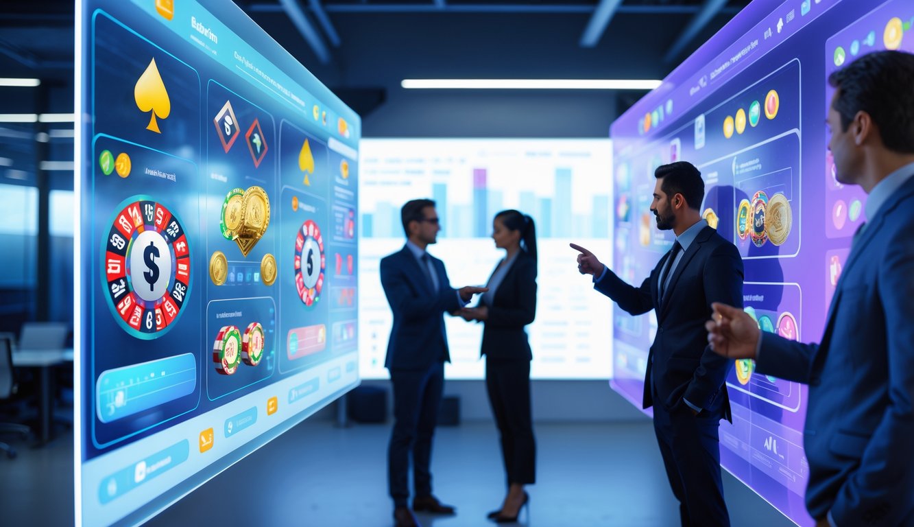 Beberapa orang profesional sedang membandingkan fitur dan game dari dua platform permainan online menggunakan layar holografik di sebuah kantor modern.