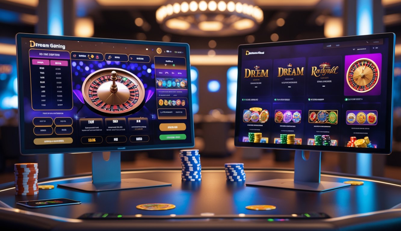 Dua layar digital menampilkan permainan kasino langsung dengan dealer dan permainan kartu di sebuah ruang permainan modern.