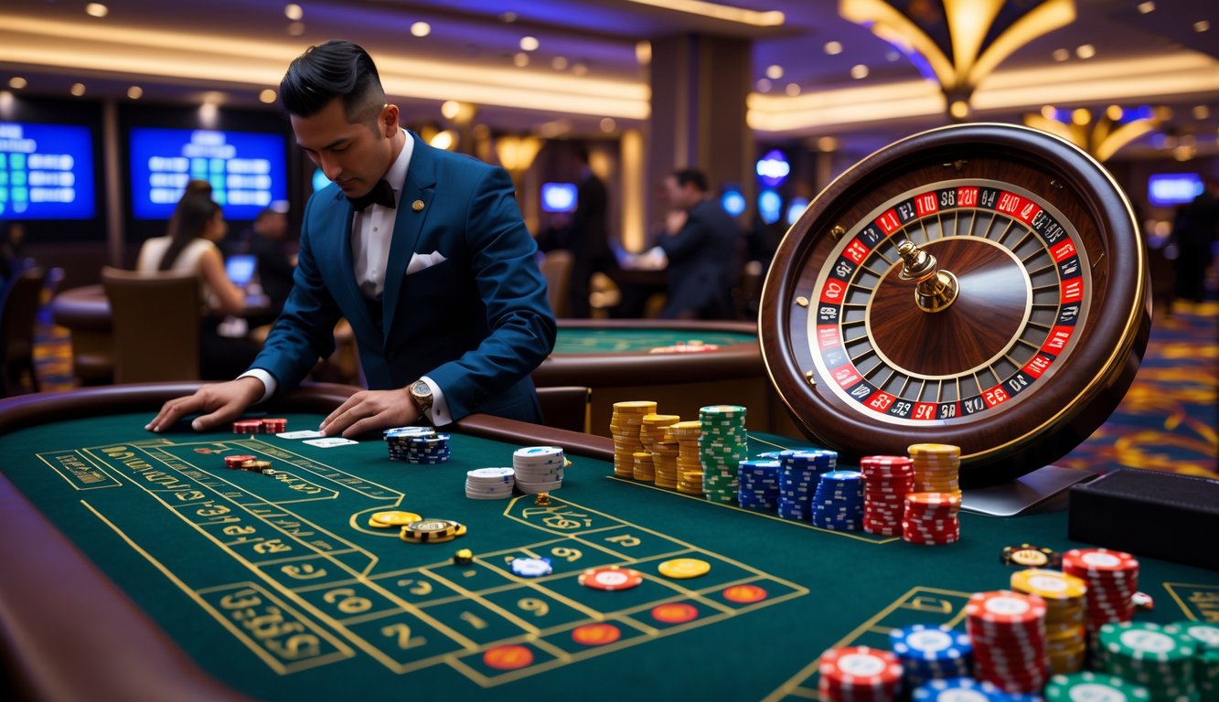 Suasana kasino langsung dengan dealer yang sedang mengelola meja baccarat dan roda roulette yang berputar, dikelilingi oleh chip taruhan dan pemain yang fokus.