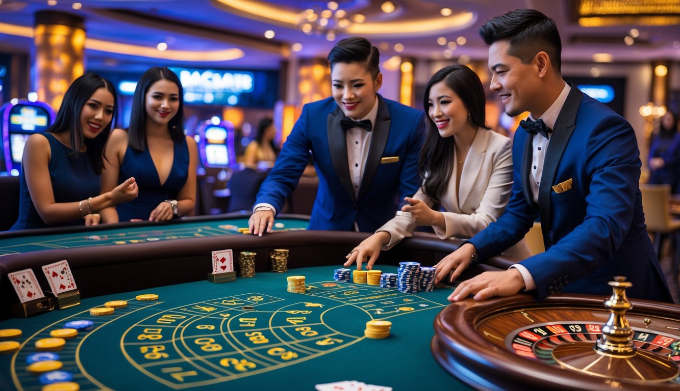 Suasana meja kasino langsung dengan permainan Baccarat dan Roulette, menampilkan dealer dan pemain yang sedang bermain di lingkungan kasino yang mewah.