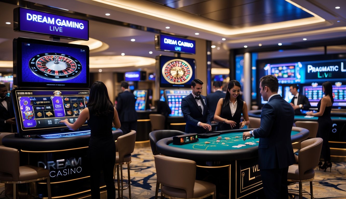 Suasana kasino langsung dengan dealer dan pemain yang sedang bermain di meja Dream Gaming dan Pragmatic Live.