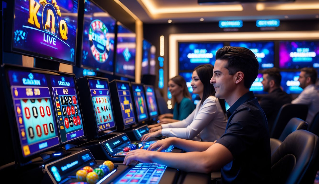 Suasana ruang permainan modern dengan beberapa pemain yang fokus dan menikmati permainan kasino online di layar besar.